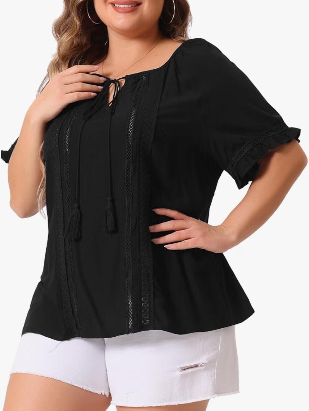 Agnes Orinda plus size tie neck ruffle short sleeve top blouse Size 1X